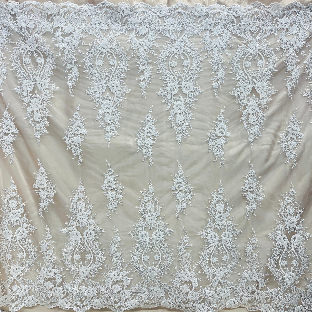 1 Yard Gold Beaded Corded Bridal Lace Fabric Embroidered on Polyester Net Mesh 54 Inch Width